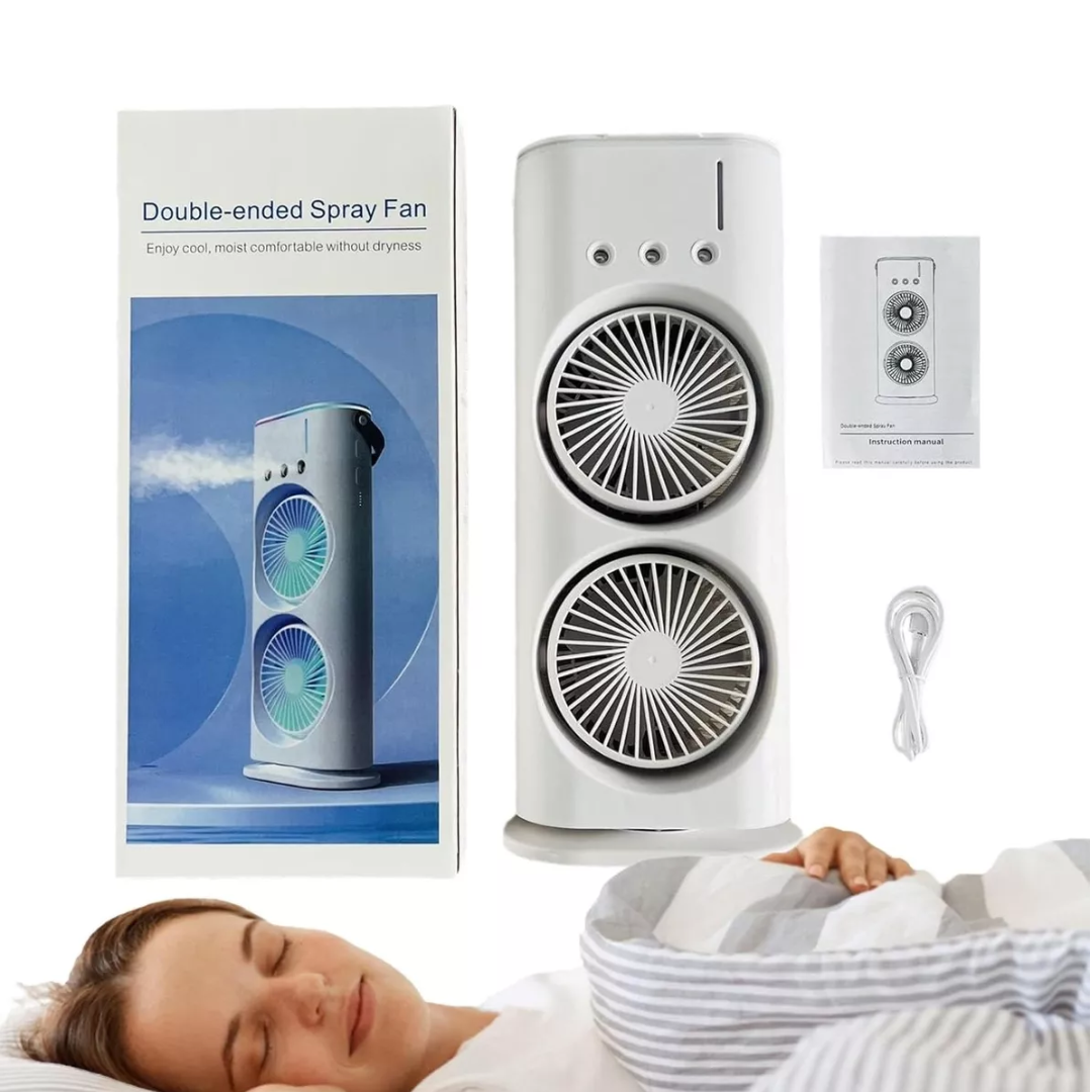 Ventilador portátil nebulizador recargable USB con tanque de agua, doble pulverizador, luz LED multicolor y velocidades ajustables para hogar, oficina, viajes y espacios al aire libre.