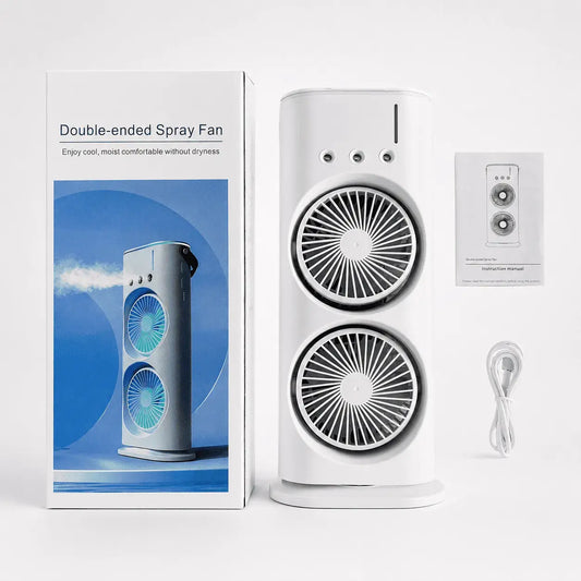 Ventilador portátil nebulizador recargable USB con tanque de agua, doble pulverizador, luz LED multicolor y velocidades ajustables para hogar, oficina, viajes y espacios al aire libre.