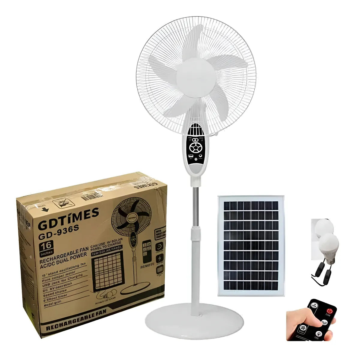 Ventilador solar recargable GDTIMES GD-936S de pedestal 16 pulgadas con panel solar, batería 6V 4.5Ah, control remoto, luz LED, puerto USB, temporizador y alimentación AC/DC.
