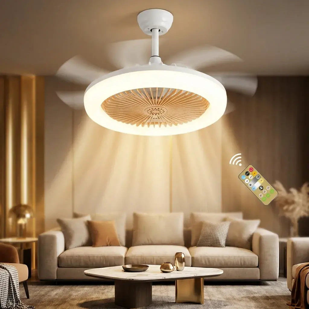 Ventilador de techo con luz LED 2 en 1 compatible E27, con control remoto y velocidad ajustable. Ideal para hogar y oficina.