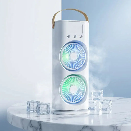 Ventilador de mesa doble USB con rotación de 180°. Compacto, portátil e ideal para mejorar la circulación del aire en habitaciones, oficinas y escritorios.