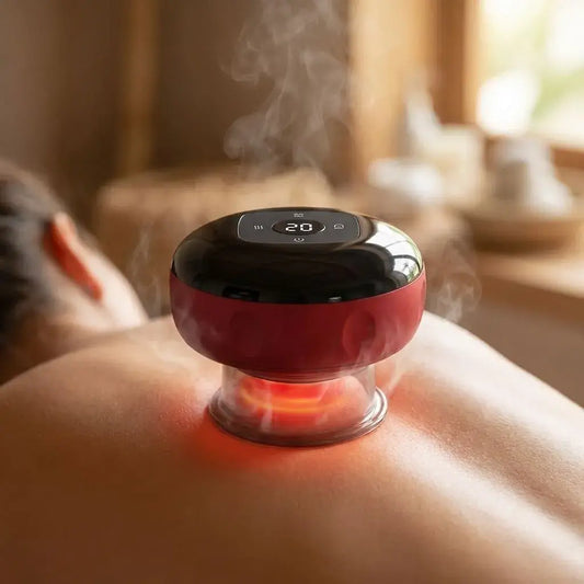 Ventosa eléctrica de masaje cupping inteligente 4 en 1 con calor, succión, gua sha, batería recargable USB y 12 modos ajustables para rutinas de bienestar corporal.