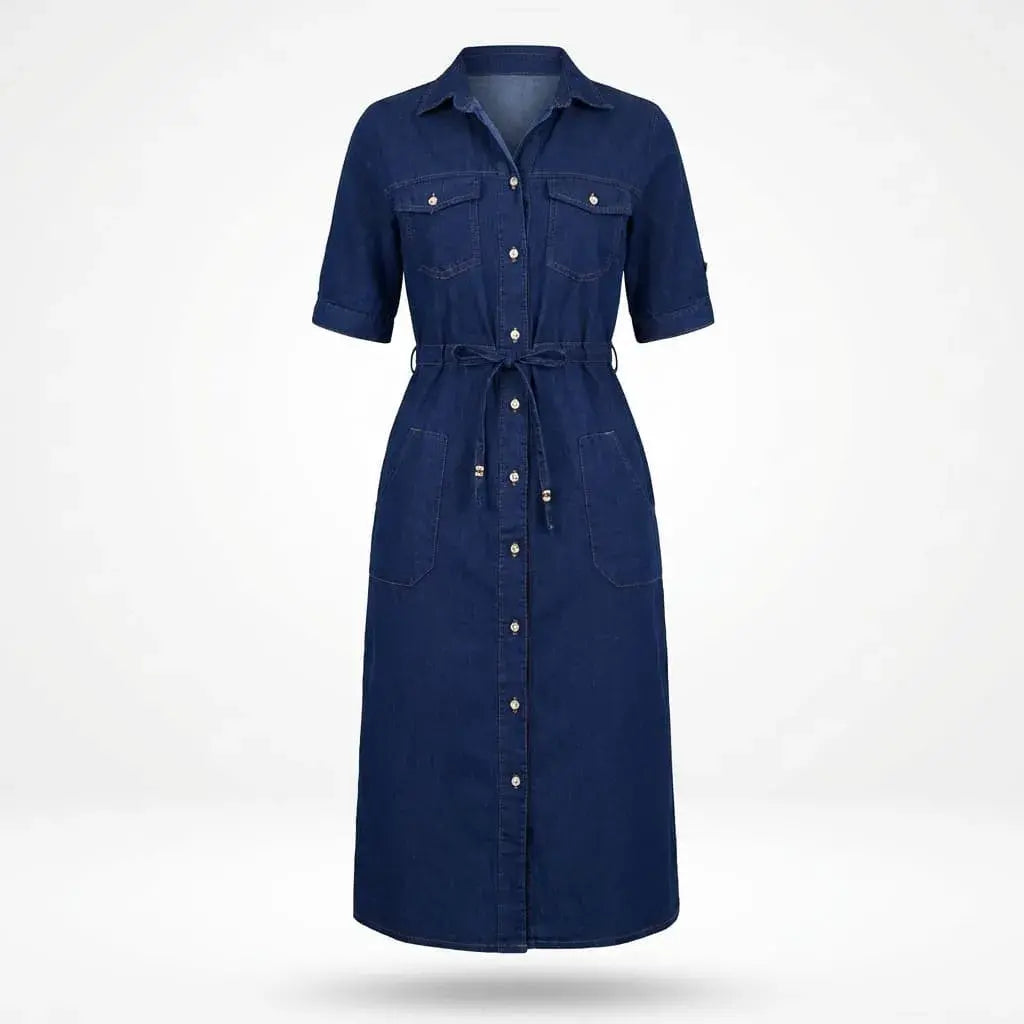 Compra vestido largo en jean prelavado indu, disponible en tallas S a XL. Moda colombiana moderna, resistente y con envío rápido para ventas exitosas.