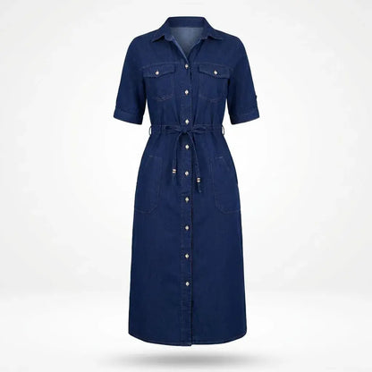 Compra vestido largo en jean prelavado indu, disponible en tallas S a XL. Moda colombiana moderna, resistente y con envío rápido para ventas exitosas.