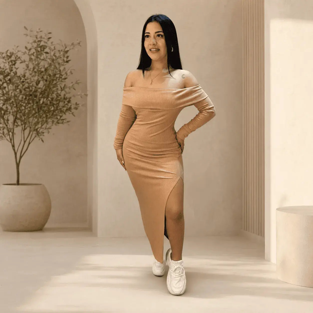 vestido largo rib para mujer Betulia, diseño bandeja, elegante y elástico, talla única 6 a 10 con ajuste perfecto y cómodo.
