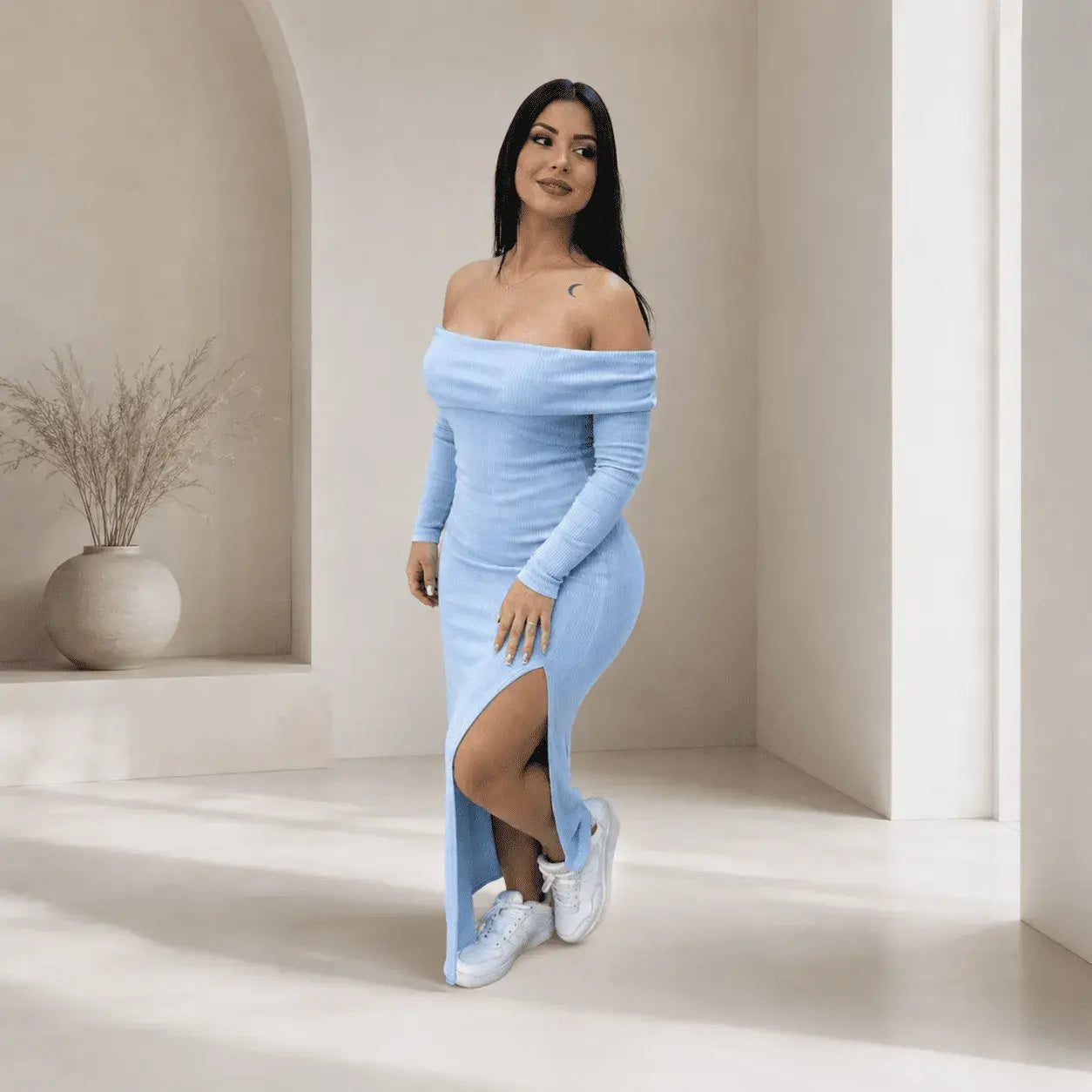 vestido largo rib para mujer Betulia, diseño bandeja, elegante y elástico, talla única 6 a 10 con ajuste perfecto y cómodo.