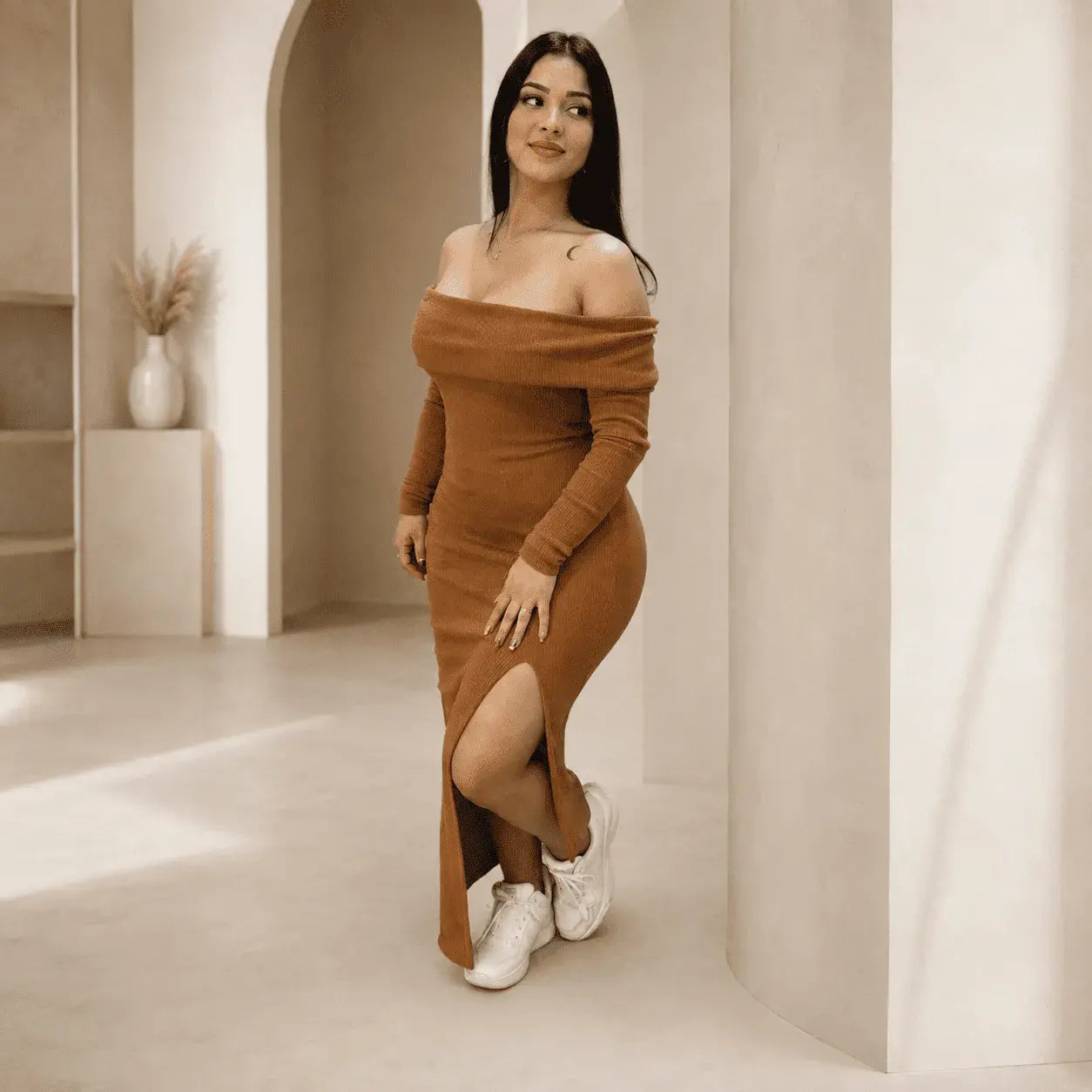 vestido largo rib para mujer Betulia, diseño bandeja, elegante y elástico, talla única 6 a 10 con ajuste perfecto y cómodo.