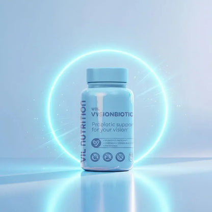 Cápsulas probióticas veganas con antioxidantes que apoyan la salud visual y el confort ocular desde el equilibrio intestinal.