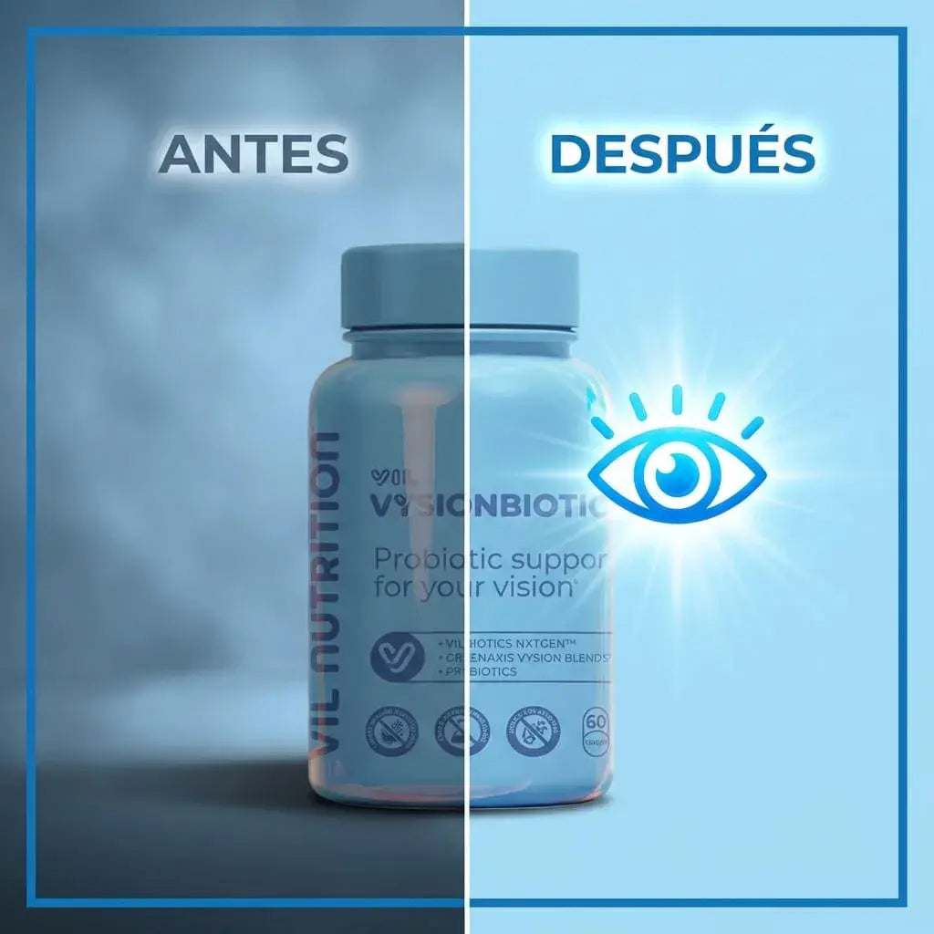 Cápsulas probióticas veganas con antioxidantes que apoyan la salud visual y el confort ocular desde el equilibrio intestinal.