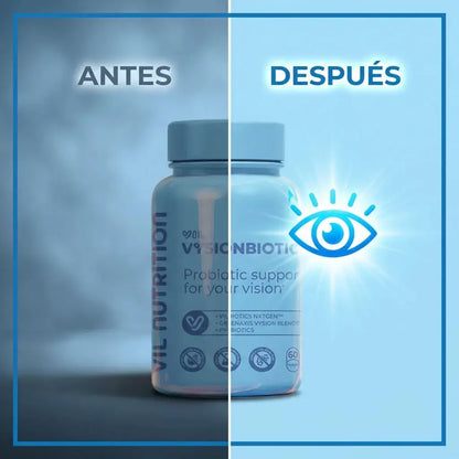 Cápsulas probióticas veganas con antioxidantes que apoyan la salud visual y el confort ocular desde el equilibrio intestinal.