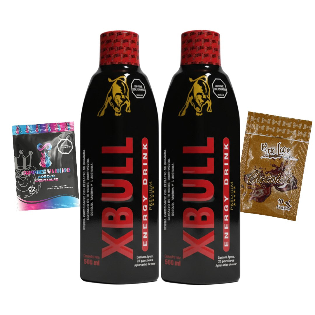 X Bull 02 Energy Drink 500 mL con borojó, chontaduro, guaraná, té verde, taurina, L arginina, noni y zinc. Suplemento energético líquido para adultos con Registro INVIMA RSA-0009099-2019.