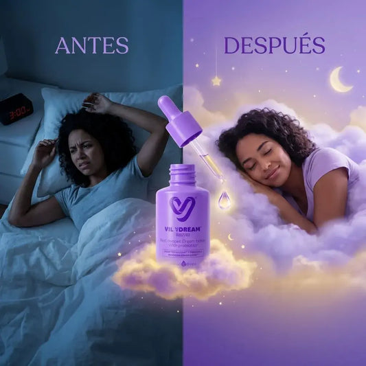 Gotas probióticas con melatonina y extractos naturales que apoyan el descanso nocturno y la calidad del sueño de forma natural.