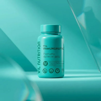 Cápsulas probióticas veganas con activos inmunológicos que apoyan las defensas del organismo desde el equilibrio intestinal.