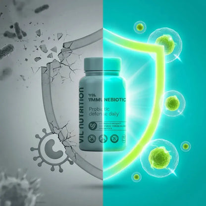 Cápsulas probióticas veganas con activos inmunológicos que apoyan las defensas del organismo desde el equilibrio intestinal.