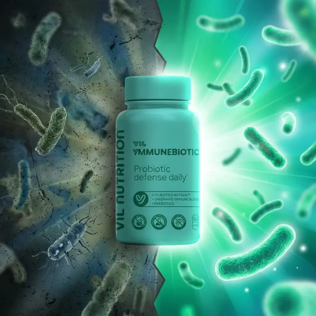 Cápsulas probióticas veganas con activos inmunológicos que apoyan las defensas del organismo desde el equilibrio intestinal.