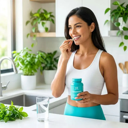 Cápsulas probióticas veganas con activos inmunológicos que apoyan las defensas del organismo desde el equilibrio intestinal.