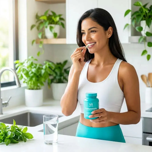 Cápsulas probióticas veganas con activos inmunológicos que apoyan las defensas del organismo desde el equilibrio intestinal.