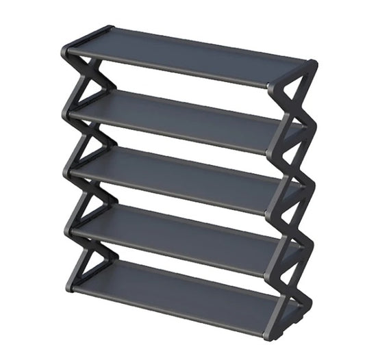 Zapatero organizador de 5 niveles en forma de X, con estructura de acero galvanizado, conectores PP, tela no tejida impermeable y capacidad aproximada para 15 pares.