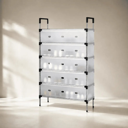 Zapatero organizador cerrado de seis niveles y medidas de 66 x 29 x 110 cm, ideal para ordenar y proteger el calzado en espacios reducidos.