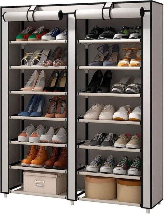 Zapatero closet doble de tela con 7 niveles, cubierta protectora con cremallera y diseño portátil. Ideal para organizar zapatos, botas y tenis en dormitorio, pasillo, sala o balcón.