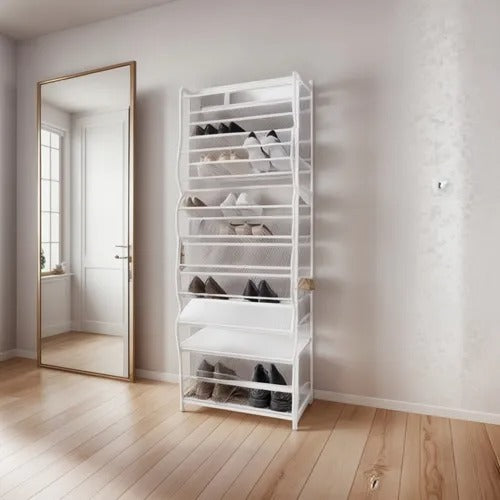 Zapatero colgante para puerta de 12 niveles, color blanco, con capacidad hasta 30 pares grandes o 36 pares pequeños, estructura desarmable y diseño ideal para closets y espacios reducidos.