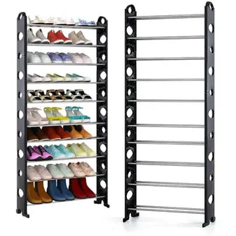 Zapatero organizador de 10 niveles ajustable con estructura modular ventilada, capacidad hasta 30 pares y diseño vertical para dormitorios, closets, entradas y bodegas.