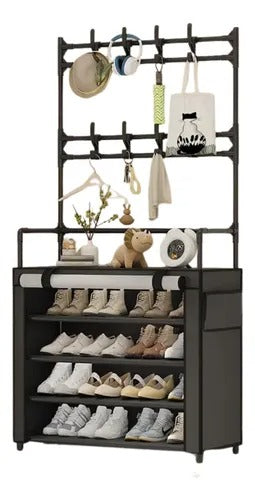 Zapatero perchero organizador negro con 4 niveles, capacidad hasta 12 pares de zapatos, ganchos dobles, bolsillo lateral de tela y estructura metálica para entrada, dormitorio o pasillo.