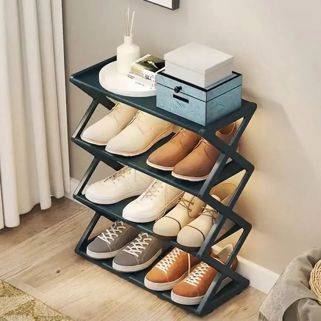 Zapatero plegable de cuatro niveles con estantes organizadores. Ideal para ordenar calzado en habitaciones, closets, entradas y apartamentos.