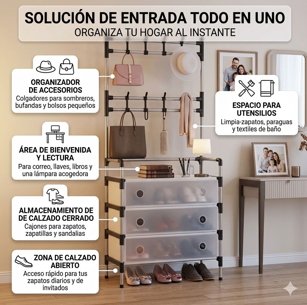 Zapatero vertical cerrado de cinco niveles para organizar y proteger el calzado. Ideal para entradas, dormitorios, armarios y espacios pequeños.