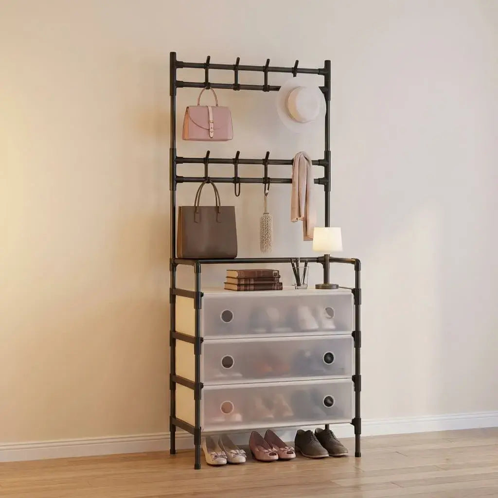 Zapatero vertical cerrado de cinco niveles para organizar y proteger el calzado. Ideal para entradas, dormitorios, armarios y espacios pequeños.