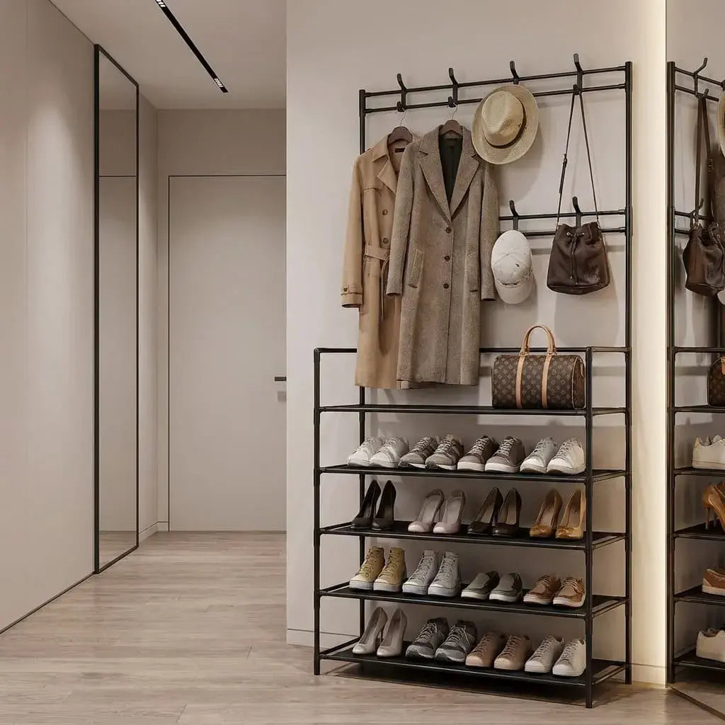 zapatero perchero organizador 5 niveles en metal negro, ideal para zapatos, chaquetas, bolsos y accesorios en entradas, dormitorios y espacios pequeños.